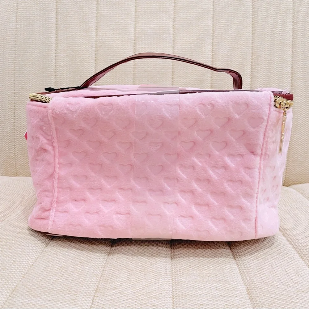 NEW Juicy Couture Pink Velour‎ Heart Embossed Makeup Train Case & Pouch Set
